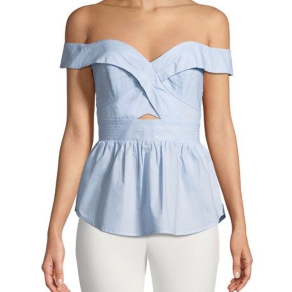 Bardot Sara Peplum Top – Off Shoulder Pale Blue – Size US 6 / AUS 10